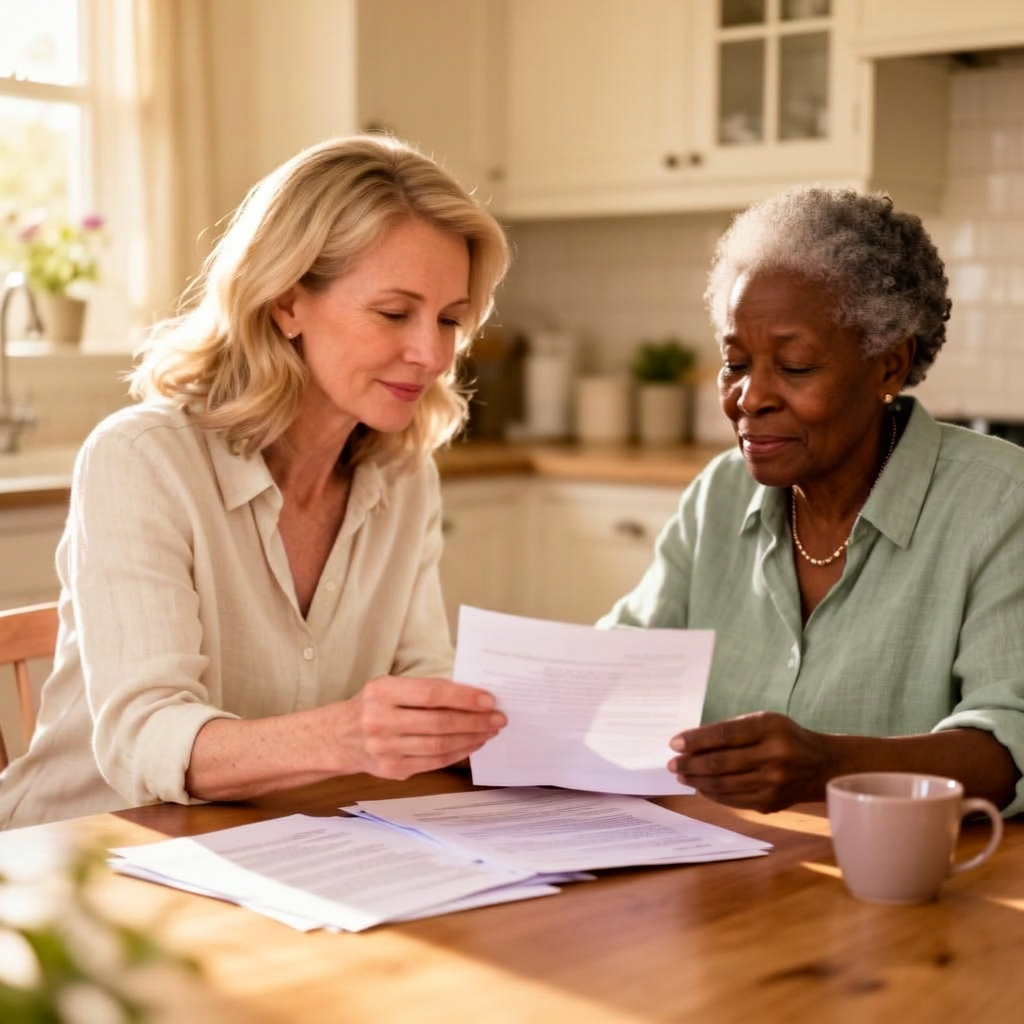 An advocate sitting with a senior woman, reviewing paperwork together at a sunlit kitchen table.