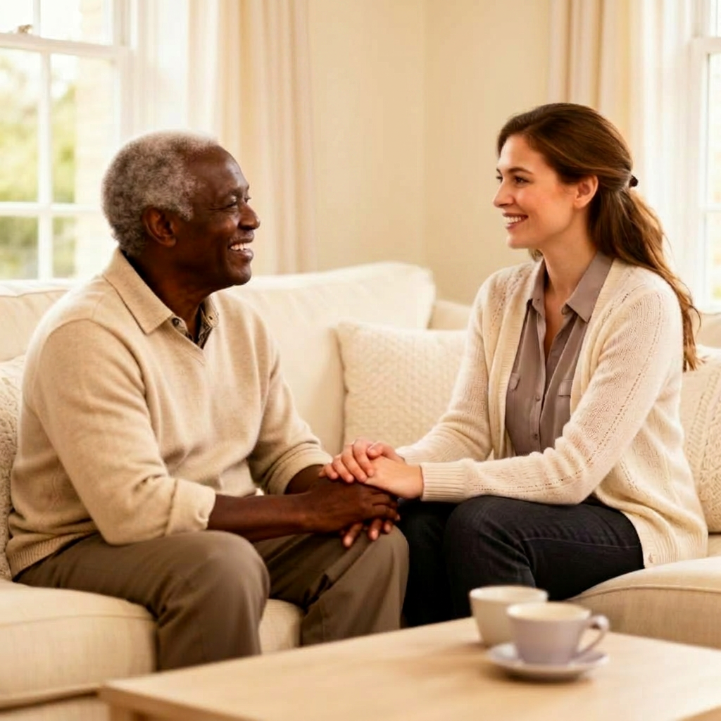 A family caregiver smiling and holding hands with a senior couple in a bright living room.