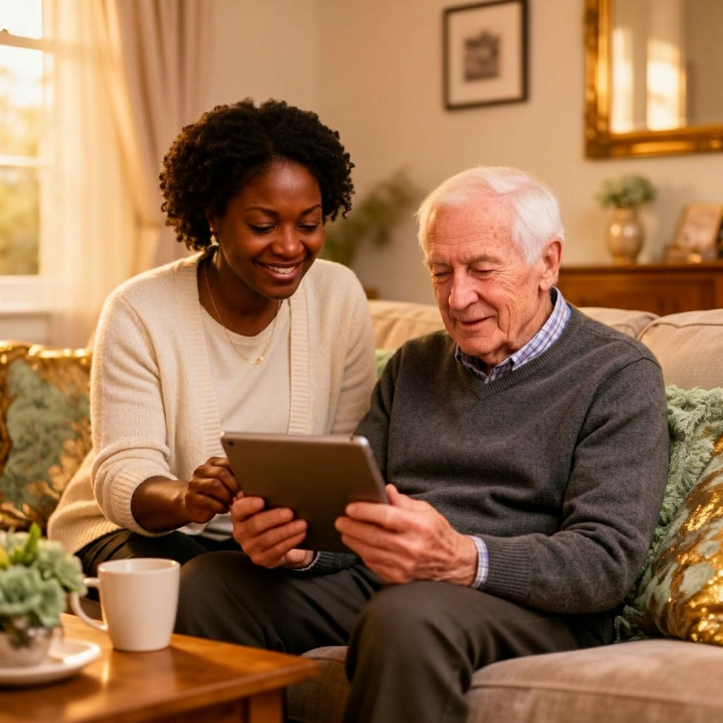 A caregiver helping a senior gentleman use a tablet for a video call at home.